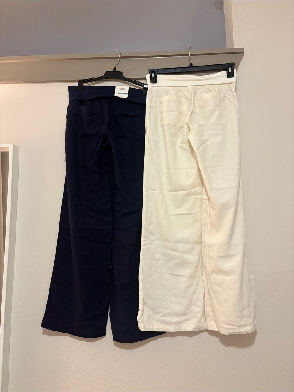 Old Navy Set of 2 Fold Over Wide Leg Linen Blend Pants Navy/Cream SZ S EUC - Picture 2 of 4